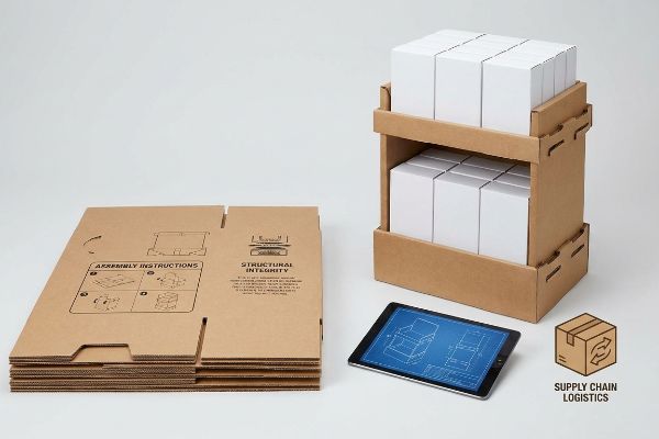 Assembled two-tier corrugated display stand with white boxes, alongside flat-pack sheets showing Assembly Instructions and a tablet with a blueprint for Supply Chain Logistics.