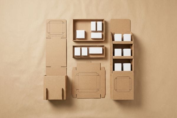 Corrugated cardboard retail display components, from flat-pack to assembled floor unit, with small white product boxes.