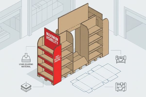 An exploded diagram illustrates a corrugated retail display stand, highlighting 