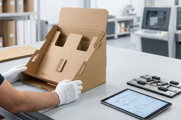 Hands in gloves assemble a brown corrugated cardboard point of purchase display, with a tablet showing a dieline and metal die-cutting tooling.