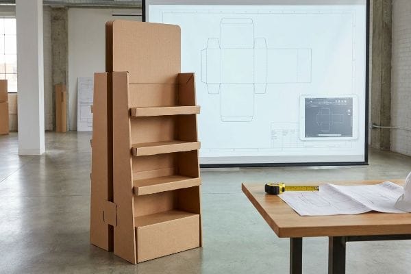 Corrugated cardboard POP display stand with three shelves, beside a projector screen showing a structural blueprint and tablet dieline. A measuring tape lies on a wooden table.