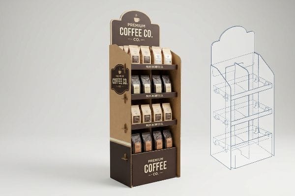 Ein brauner, gewellter Bodenaufsteller für Premium Coffee Co., gefüllt mit Kaffeetüten, abgebildet neben dem zugehörigen Drahtgittermodell.