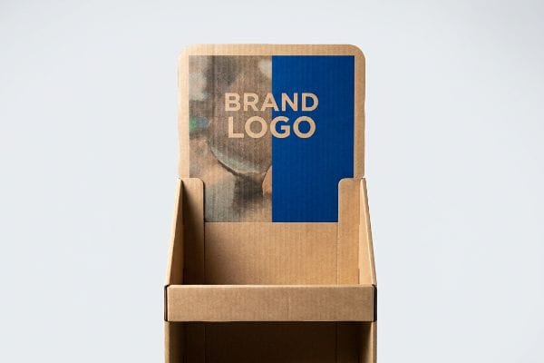 Brown corrugated cardboard display box featuring a "Brand Logo" graphic with a vibrant blue spot color block.