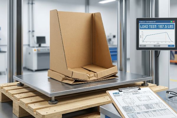 Partially crushed corrugated cardboard display base on a hydraulic compression tester, showing a Load Test of 187.5 LBS on screen, with an ISTA 3A test plan.