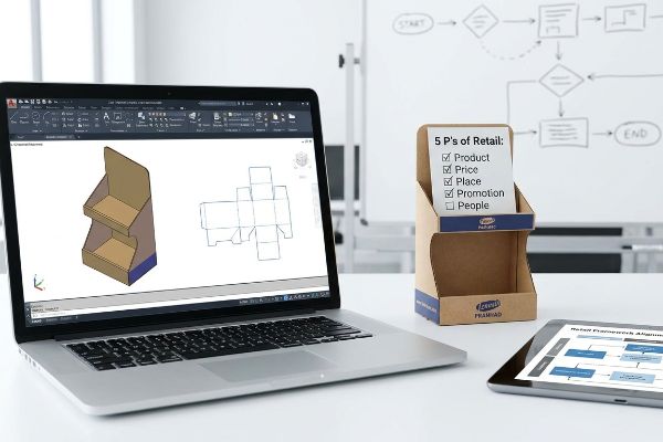 A silver laptop shows a CAD rendering of a corrugated retail display and its die-line, next to a PRAMAD display featuring the 