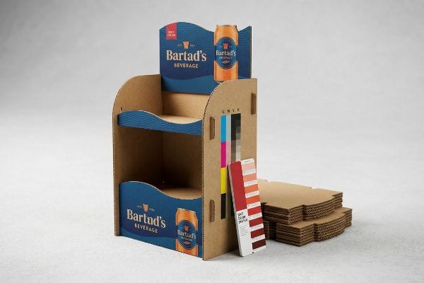 A custom Bartad's Beverage corrugated display stand features CMYK color bars and a 200 Gsm Kraft swatch book, with unassembled parts nearby.