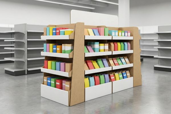 A retail store aisle features a corrugated cardboard POP display filled with colorful product boxes, enhancing visibility.