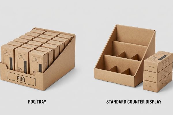 Brown corrugated Pdq Tray filled with product boxes, contrasted with an empty Standard Counter Display and stacked boxes.