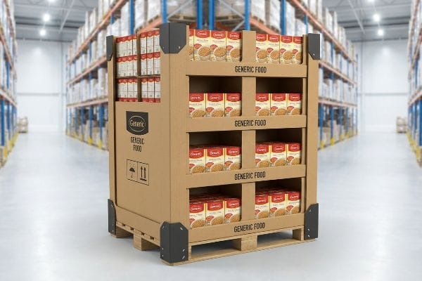 A warehouse aisle features a heavy-duty corrugated cardboard shop-through display unit, filled with Generic Food boxes on a pallet.
