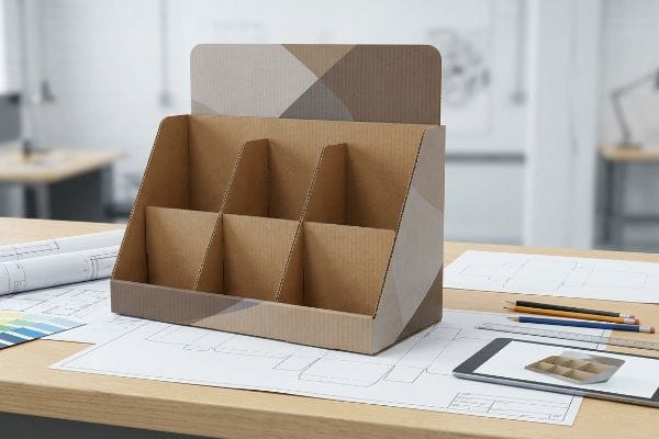 Un présentoir de point de vente en carton ondulé à six compartiments est posé sur le bureau d'un designer, entouré de plans et d'une tablette.