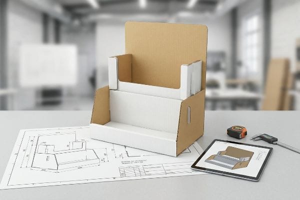 Présentoir de comptoir à deux niveaux en carton ondulé avec plan, modèle 3D sur tablette et outils de mesure pour la conception de présentoirs de vente au détail personnalisés.