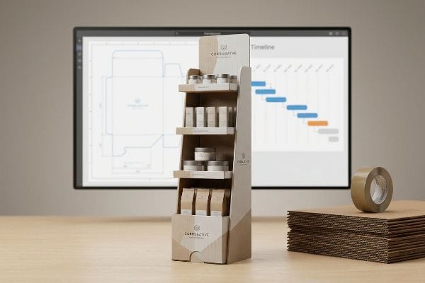 A custom Corrugative corrugated display stand filled with products, set against a monitor showing a packaging blueprint and project timeline, highlighting the design and production process.