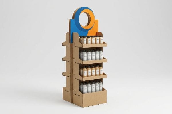 Natural brown corrugated cardboard display stand with four shelves of product bottles and a blue and orange 3D die-cut header.