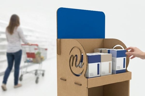 Corrugated retail display with blue header panel and die-cut logo, holding product boxes, a hand reaching for merchandise.