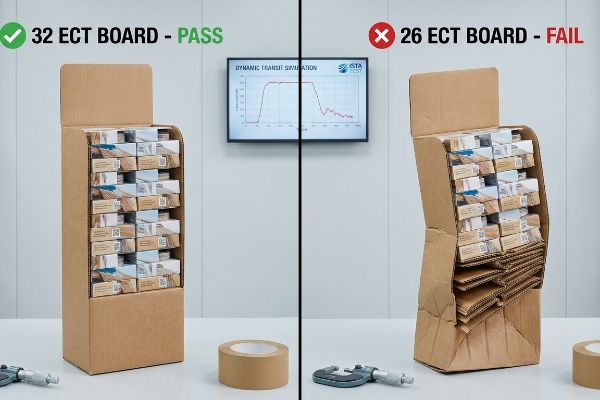 A stable 32 ECT Board - Pass corrugated display stands next to a collapsed 26 ECT Board - Fail display, demonstrating ISTA dynamic transit simulation results.