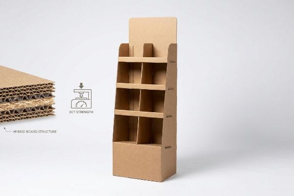 Corrugated cardboard display stand with six shelves, featuring a hybrid board structure and ECT Strength diagram.