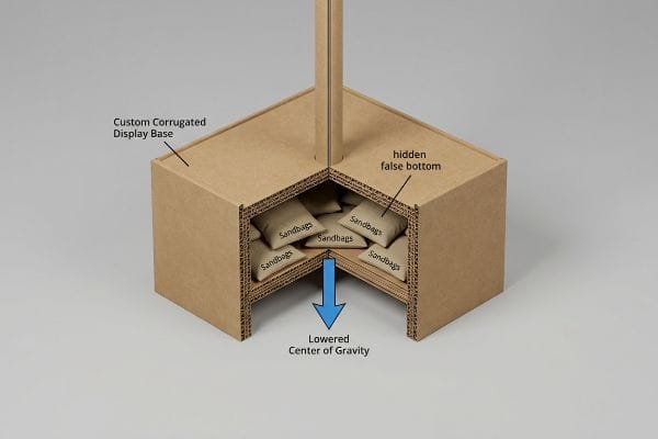 Custom corrugated display base with a cutaway view revealing a hidden false bottom filled with sandbags, illustrating a lowered center of gravity for stability.