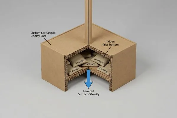 特注の波型ディスプレイベース。断面図を見ると、砂袋が詰められた隠された偽底が見え、安定性を高めるために重心が低くなっていることがわかる。.