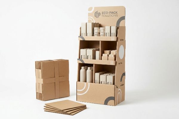 Corrugated cardboard retail display by Eco-Pack Solutions, featuring shelves with unbranded boxes and bottles, alongside flat-packed components.