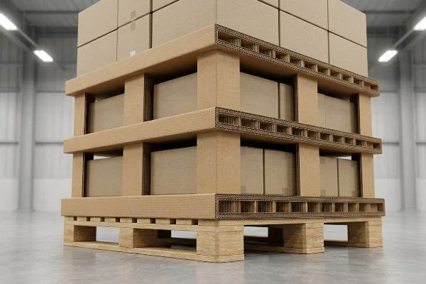Stacked cardboard boxes on a wooden pallet, supported by corrugated display structures in a warehouse, demonstrating robust load capacity.