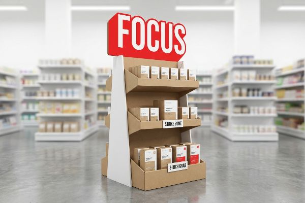 Brown corrugated cardboard POP display with a red 'Focus' header, featuring 'Strike Zone' and '3-Inch Grab' labels for product boxes.