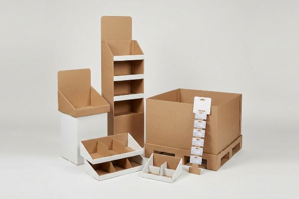 自然な茶色の段ボール製ディスプレイ。床置き型ユニット、カウンター用陳列棚、頑丈なパレットボックス、モジュール式棚トレイ、吊り下げタブなどが含まれます。.