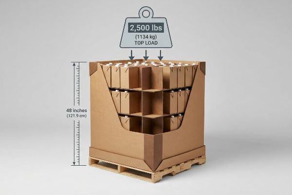 Corrugated display, 48 inches (121.9 cm) tall, with internal H-divider matrix supporting 2,500 lbs (1134 kg) Top Load of beverage cartons on a pallet.