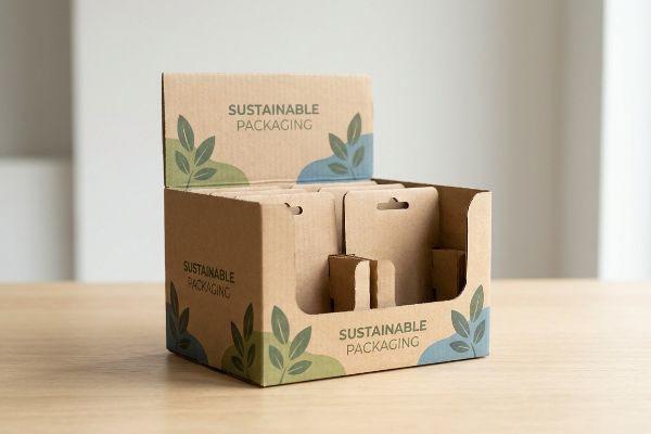 A brown corrugated cardboard retail display box with 