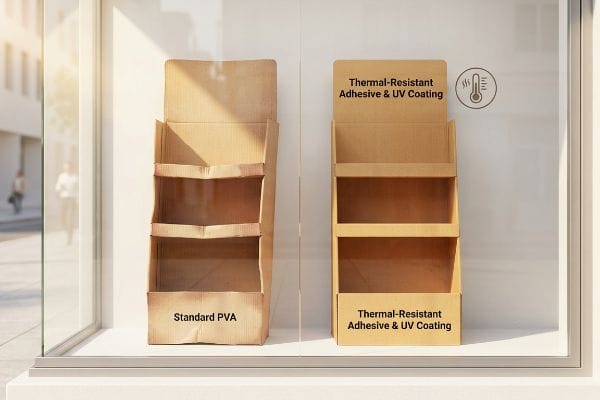 Two corrugated display stands in a storefront window, comparing a warped Standard PVA unit to a pristine Thermal-Resistant Adhesive & UV Coating display, highlighting heat resistance.
