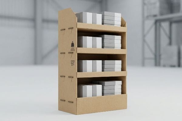 A heavy-duty corrugated cardboard display stand, marked 'Load Tested' and 'Heavy Duty', features four shelves holding stacked white and grey merchandise.