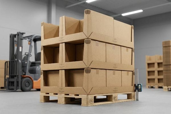 Multi-tiered Custom Made corrugated cardboard display on wooden pallets, measured by a digital height gauge in a warehouse.