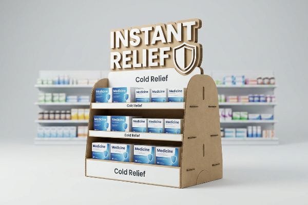 Instant Cold Relief Display Corrugated cardboard display with a 3D die-cut 'Instant Relief' header, featuring 'Cold Relief' medicine boxes on three shelves in a pharmacy.