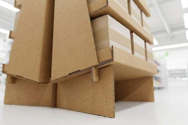 Um expositor de papelão para venda em ponto de venda exibe sua estrutura ondulada e design de encaixe, contendo caixas de produtos marrons.