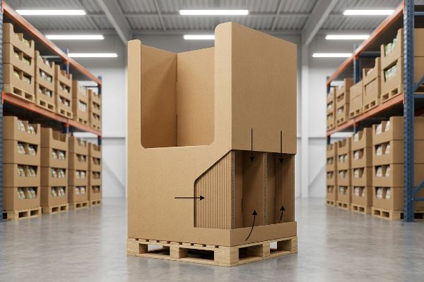 Corrugated cardboard display on pallet, revealing internal double-wall spine and vertical flutes for BCT compression strength.