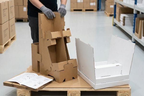 Assembling Cardboard Display Gloved hands assemble a brown corrugated cardboard display stand next to an instruction manual, highlighting retail fixture assembly.