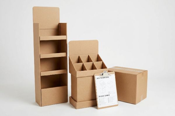 Natural brown corrugated cardboard floor and counter displays with a shipping box, alongside a clipboard detailing Retail Merchandising and Display Alignment.