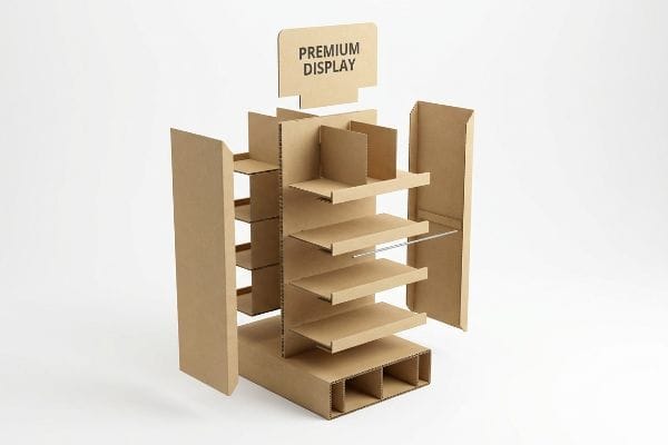 Freistehendes Display-System aus naturbraunem Wellkarton mit mehreren Regalböden, einer Aufschrift „Premium Display“ und einer sichtbaren Metallstützstange.