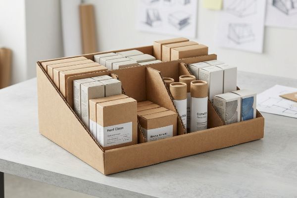 段ボール製のPDQディスプレイ。モジュール式の仕切りを備え、ヘントクリーン、ドネラ、ベルナミララなどの複数SKUの商品を整理して陳列できます。.