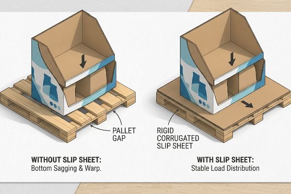 An illustrated comparison shows a corrugated display sagging into a Pallet Gap without a slip sheet, contrasted with a stable display on a Rigid Corrugated Slip Sheet for Stable Load Distribution.