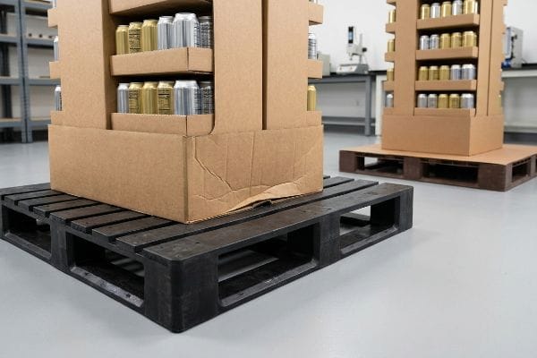 Brown corrugated cardboard displays, filled with silver and gold beverage cans, sit on black plastic pallets with wide deck gaps, showing bottom-tier sag.