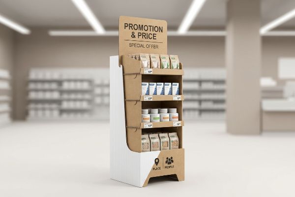 Corrugated cardboard floor display stand featuring a 'Promotion & Price' header, 'Special Offer' text, and 'Place People' icons, showcasing various retail products.