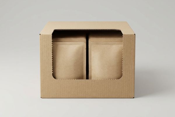 A brown corrugated cardboard shelf-ready packaging box displays unbranded kraft-like pouches through its front window, ready for retail shelves.