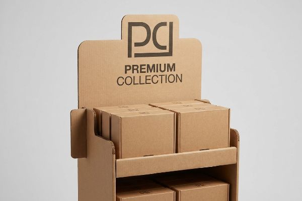 Corrugated cardboard retail display featuring a