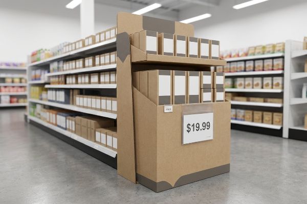 Corrugated cardboard POP display in a retail aisle, featuring two tiers of brown boxes with white labels and a $19.99 price tag.