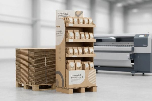 A corrugated cardboard display stand, labeled "Consurated Primius Board," holds product bags near stacked cardboard sheets and a large industrial printer.
