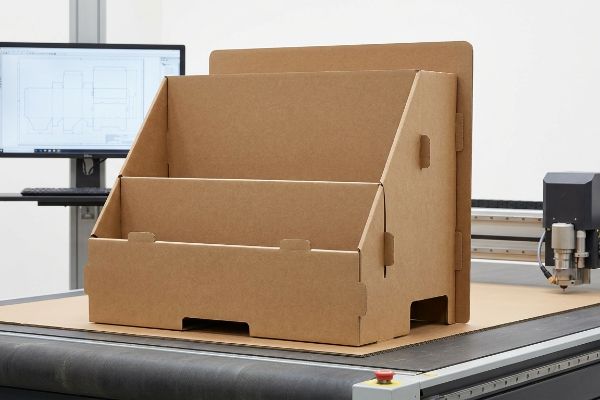 Brown corrugated cardboard three-tier display prototype on a Kongsberg cutting table, validating structural engineering with a CAD design.