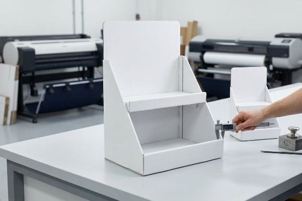 A hand measures a white corrugated display sample with a digital caliper, validating structural integrity on a workshop table.