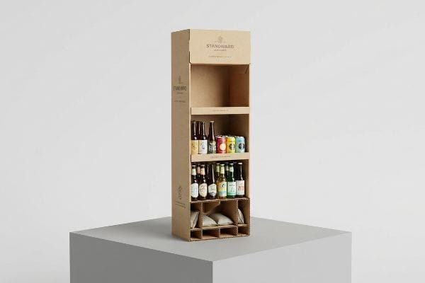 Corrugated cardboard STANDWARD beverage display with bottles, cans, and sandbag anchors in a weighted false bottom for stability.