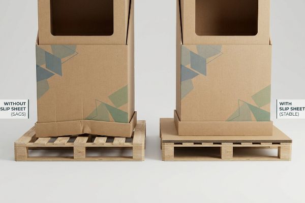 Two corrugated cardboard freestanding displays on wooden pallets, one sagging Without Slip Sheet (Sags) and one stable With Slip Sheet (Stable).