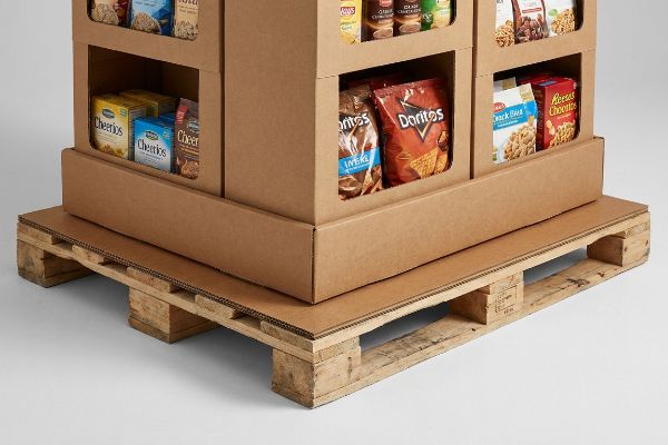 Brown corrugated display unit on a wooden pallet with a protective slip sheet, loaded with Cheerios, Doritos, and Reese's Puffs, demonstrating a display-ready pallet system.